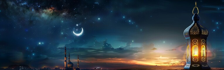 Naklejka premium Enchanting Nighttime Lantern and Mosque Scene