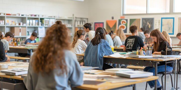 A high school art classroom full of teenage students working on their art projects, the room is alive with creativity as they paint and draw in a well-lit space with modern décor.