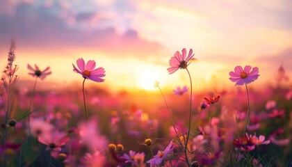 Fototapeta premium Sunset Splendor: The Stunning Cosmos Flower Field Landscape