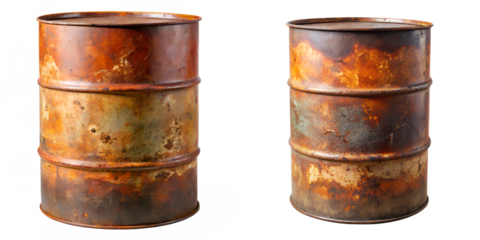 Rusted old metal barrel highly detailed isolated on transparent background PNG file,