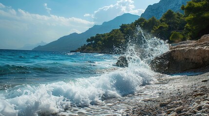 Water is splashing on the rocky Mediterranean shoreline