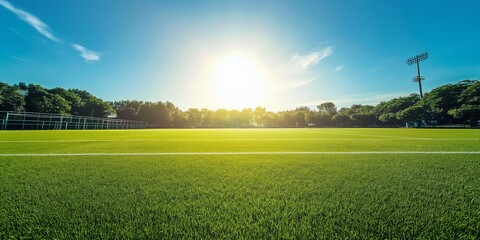 A football field under a clear sky with the sun shining brightly, depicting a well-maintained grass surface and goalposts, evoking feelings of energy, vitality, and enthusiasm.