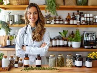 Naturopathic Doctor in Her Clinic with Herbal Supplements and Natural Products
