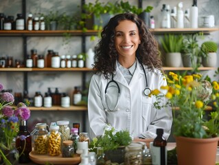 Smiling Naturopathic Doctor in Natural Herbal Clinic with Supplements and Products
