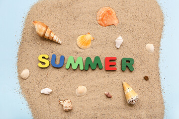 Beautiful seashells on sand. Summer concept