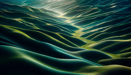 Beautiful Nature Landscape Illustration of Sunrise Over Lush, Serene Rolling Green Hills, mountains, wallpaper