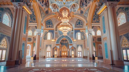 Beautifully adorned mosque interior with intricate geometric patterns, elaborate calligraphy, and stunning chandeliers, showcasing the rich architectural heritage of Islamic culture 