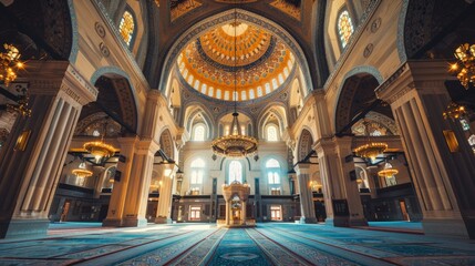 Fototapeta premium Beautifully adorned mosque interior with intricate geometric patterns, elaborate calligraphy, and stunning chandeliers, showcasing the rich architectural heritage of Islamic culture 