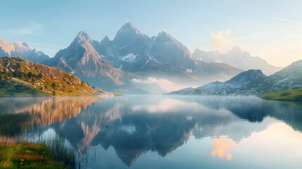 Serene Alpine Lake Reflection at Majestic Mountain Sunrise Capturing Natural Beauty and Wilderness Serenity
