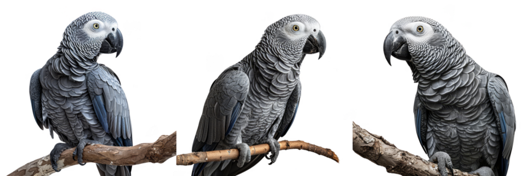 Three African Grey Parrots perched on branches