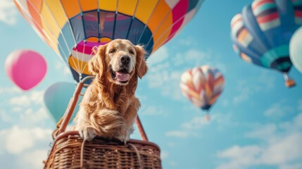 Dog Balloon Ride Focus on a golden retriever in a hot air balloon basket with colorful balloons above, with a clear blue sky background, empty space left for text