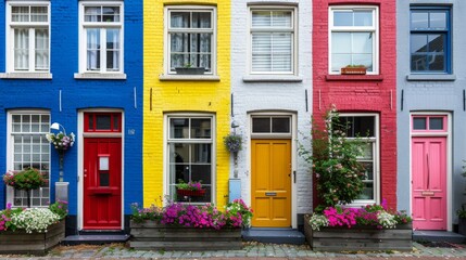 Colorful facade of a row of townhouses with vibrant paint, unique door designs, and flower boxes on windowsills, capturing the charm of urban living 
