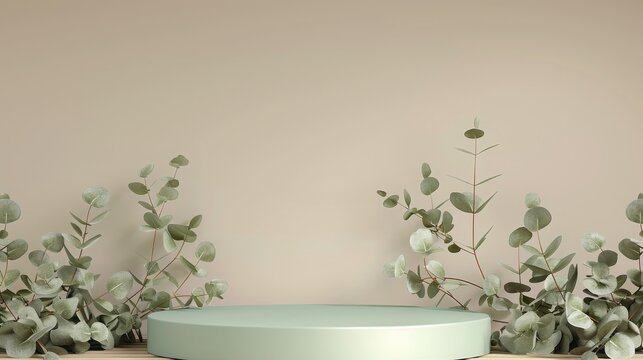 Minimalist podium display with soft greenery on a beige background, providing an elegant and clean setting for product presentation or design. The neutral tones and simple design emphasize sophisticat