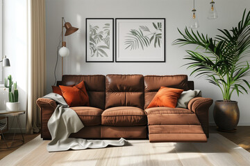 photo of Dark brown sofa and recliner chair in scandinavian indoor style 
