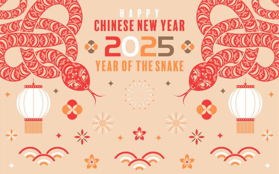 Happy chinese new year 2025  the snake zodiac sign with flower,lantern,pattern,cloud asian elements flat design style on color background. (Translation : happy new year 2025 year of the snake)
