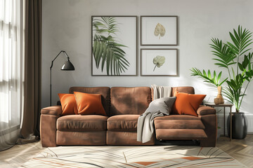 Naklejka premium photo of Dark brown sofa and recliner chair in scandinavian indoor style 