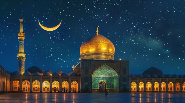 Golden dome of a grand mosque illuminated at night, with crescent moon and stars visible in the sky, creating a mesmerizing and spiritual scene 