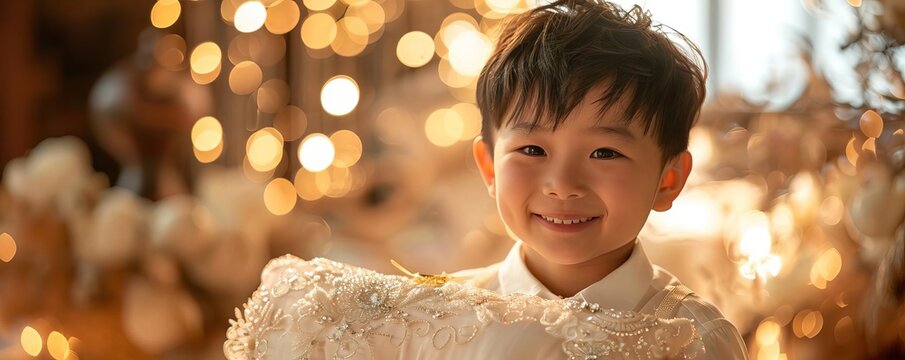 Ring Bearer Focus on a ring bearer, Asian, 7, smiling and looking at the camera, holding a pillow with rings, with a wedding ceremony background, empty space right for text