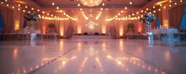 Wedding Dance Floor Focus on a decorated dance floor with string lights and a DJ setup, with a reception hall background, empty space left for text marry valentine