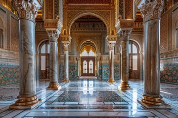 Grand entrance to an Islamic palace with towering columns, intricate mosaics, and detailed carvings, showcasing the opulence and artistry of Islamic architecture 