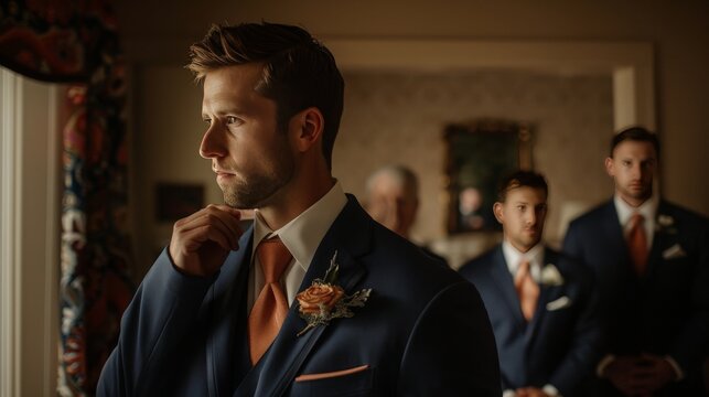 Groom adjusting his tie and looking into a mirror, with groomsmen in the background preparing for the ceremony, showcasing the anticipation and excitement - Powered by Adobe