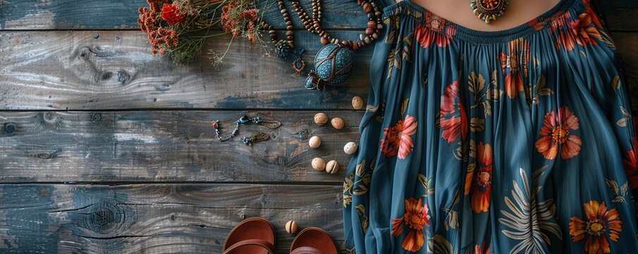 A flat lay of a floral print maxi dress, statement necklace, and a pair of sandals on a wooden surface