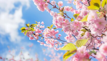 Fototapeta premium Blossoms in Bloom: A Stunning Display of Cherry Blossom Sakura Against a Blue Spring Sky