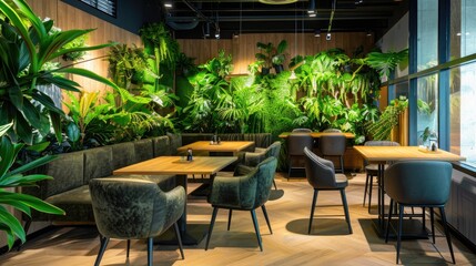 Fototapeta premium Decoration of tiny faux green plants in a restaurant or living space