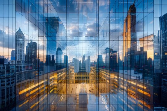 Modern building facade with sleek glass panels, clean lines, and a reflective surface that mirrors the city skyline, creating a striking urban image 