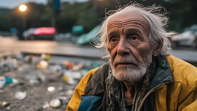 Poor homeless elderly man sits on a shabby street or hideaway. Poverty