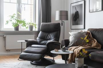 photo of Dark brown sofa and recliner chair in scandinavian indoor style 