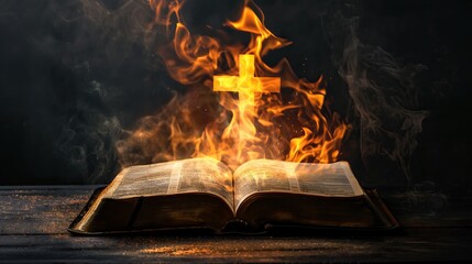 open Holy Bible with fire flame shaped in christian cross with smoke, on black wooden table background for overlay