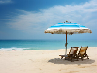 Fototapeta premium Beautiful beach. Chairs on the sandy beach near the sea. Summer holiday and vacation concept for tourism. Inspirational tropical landscape