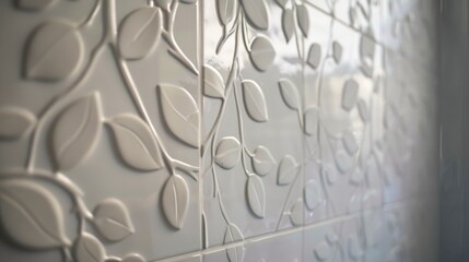 A shower area with white tiles adorned with a subtle leaf motif, creating a serene and natural ambiance