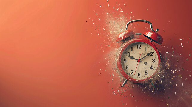 Conceptual image of a red alarm clock shattering on a vibrant red background