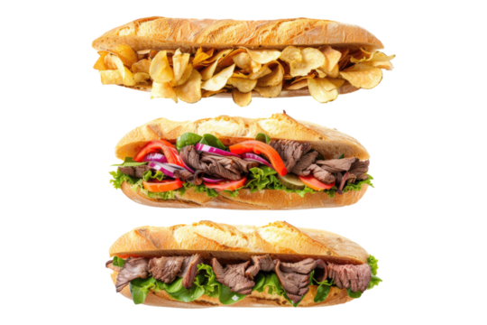Set of different views of baguette sandwich isolated on transparent background