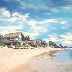 Fototapeta premium Beautiful beach. Chairs on the sandy beach near the sea. Summer holiday and vacation concept for tourism. Inspirational tropical landscape