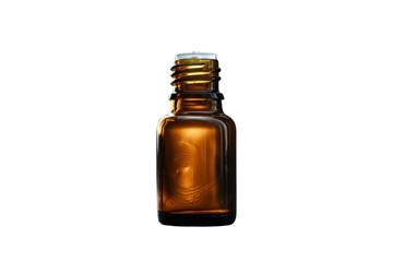 A small amber glass bottle with an open neck, ideal for storing essential oils, perfumes, and medical solutions. Isolated on a transparent background.