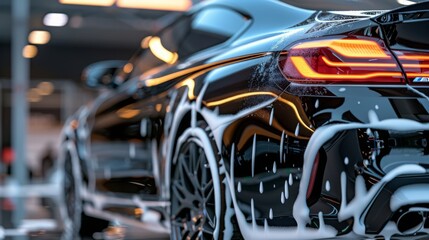 Fototapeta premium Close-up of a shiny black car being washed with soapy water, highlighting automotive care and maintenance. Concept of car care, cleanliness, and maintenance. 