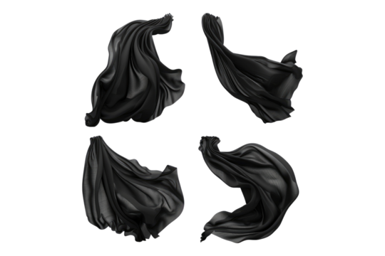Set of Black flying fabric isolated on transparent background