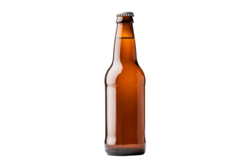 Close-up of a brown glass beer bottle with a blank label isolated on a transparent background. perfect for branding and advertising purposes.