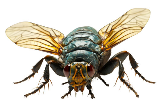 Close-up macro shot of a common housefly with detailed wings and body against a transparent background. showcasing its intricate features.