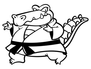 Funny Alligator cartoon characters wearing karate uniform with black belt and showing it's punch movement. Best for outline, logo, and coloring book with martial arts themes for kids