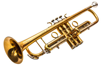 Obraz premium Close-up of a shiny, brass trumpet isolated on a transparent background. perfect for music-related designs and educational purposes.