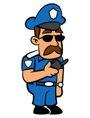 Mustache Police Officer cartoon character wearing sunglasses and police department uniform. Reporting situation with walkie talkie. Best for sticker, logo, and mascot with security themes