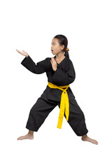 Fototapeta premium Asian little girl with a yellow sash training martial arts