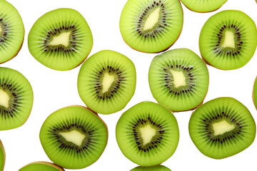 Fototapeta premium Close-up of multiple kiwi slices with vibrant green color and detailed texture, perfect for healthy food and fruit-themed backgrounds.