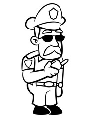 Mustache Police Officer cartoon character wearing sunglasses and police department uniform. Reporting situation with walkie talkie. Best for outline, logo, and coloring book with security themes