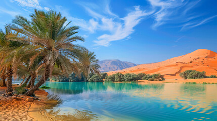 Picturesque oasis with palm trees and turquoise lake, surrounded by golden sand dunes under blue sky