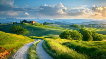 Tranquil Countryside Scene with Rolling Hills, Winding Path, and Rustic Farmhouse in Distance